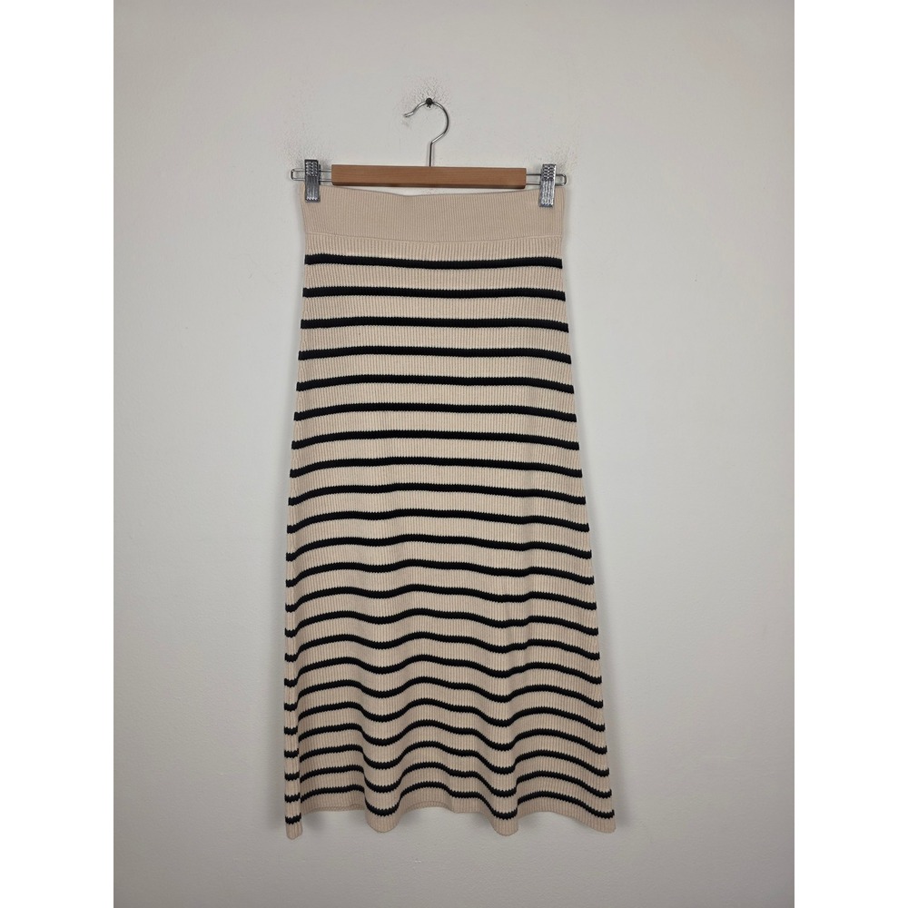Sezane La Maille Striped Merino Wool Cotton Ribbed Knit Midi Skirt Beige Navy S